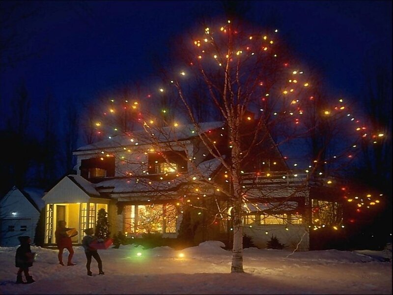 Children in Snow at Night — Blue