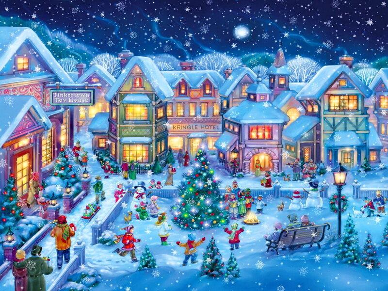 Children in Snowy Town — Blue