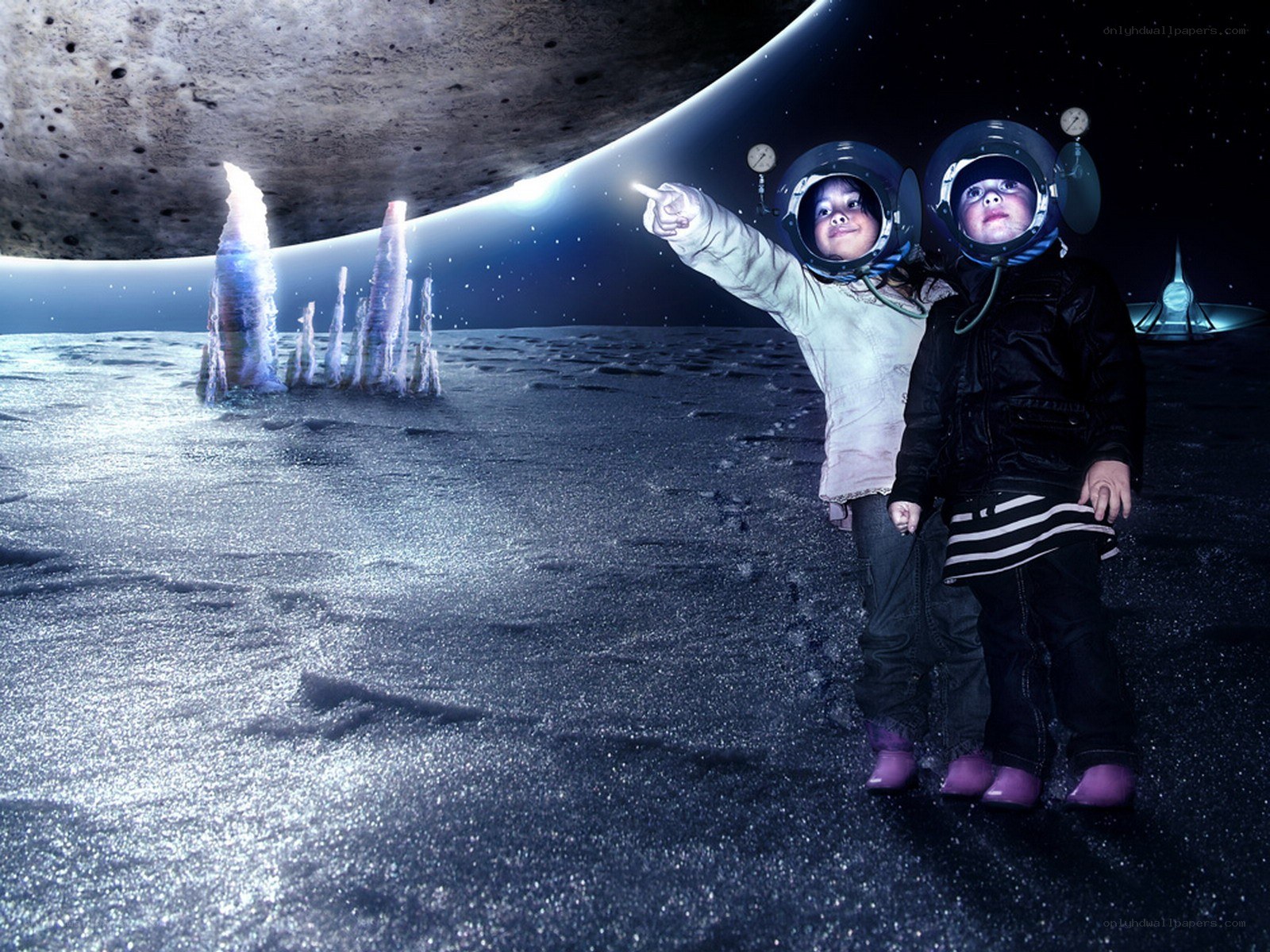 children in space suits on alien planet