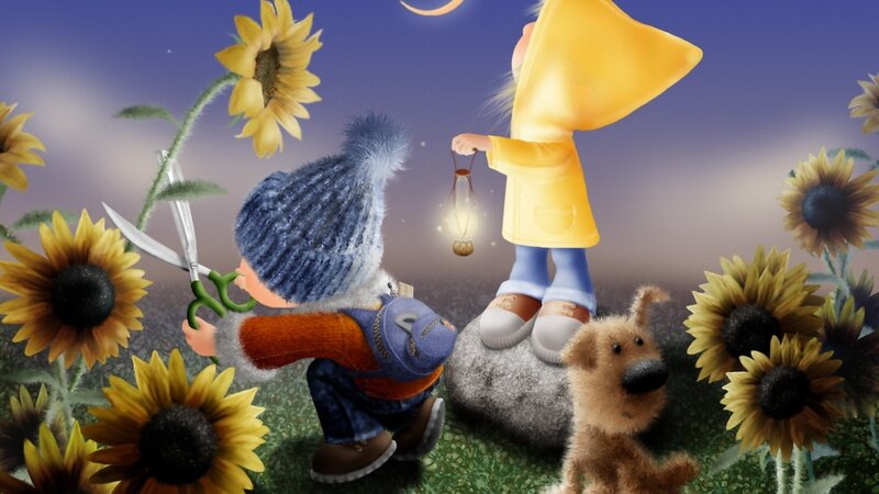 Children in Sunflower Field — Yellow, Whimsical, Night