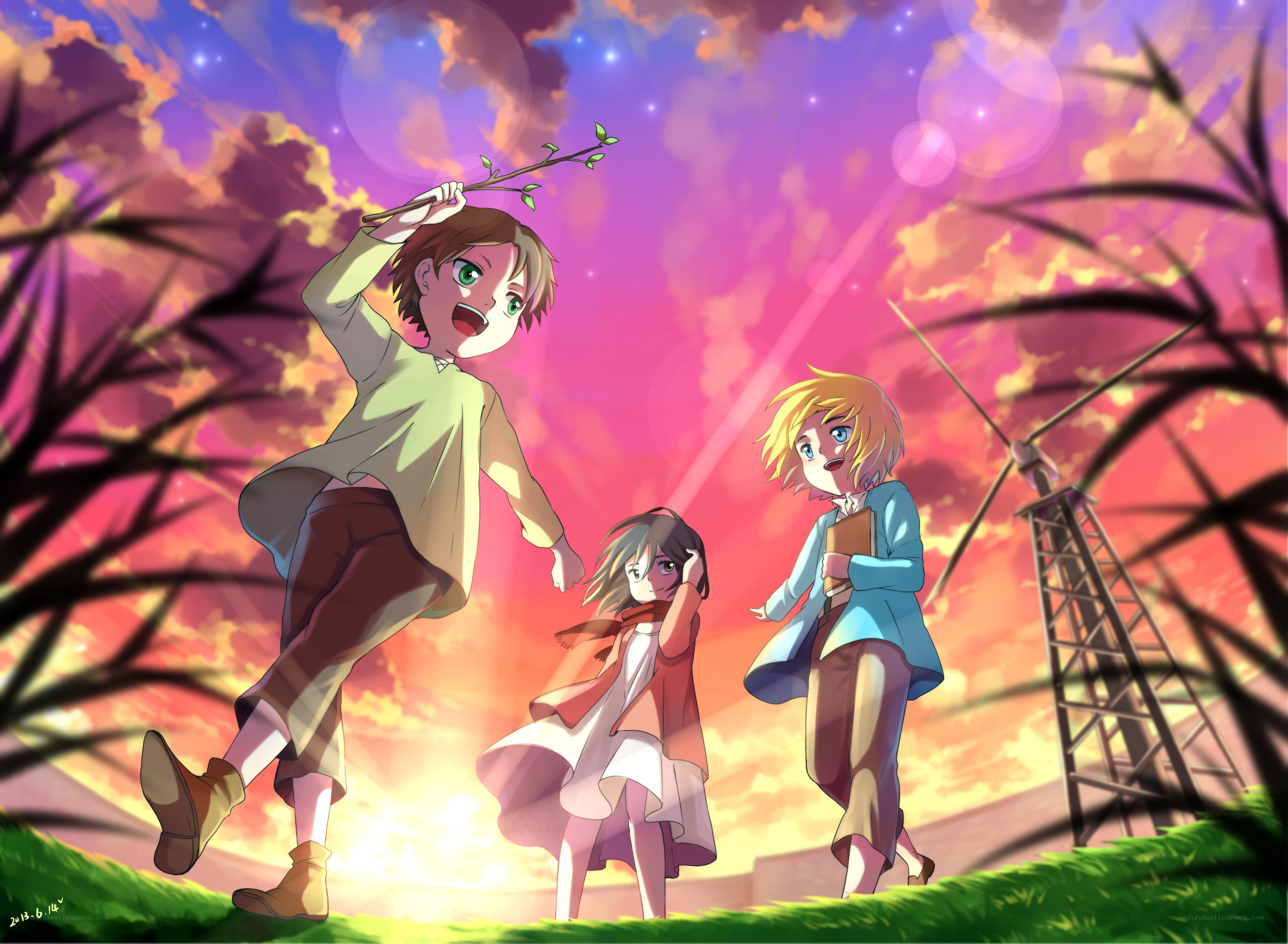 children in sunset landscape