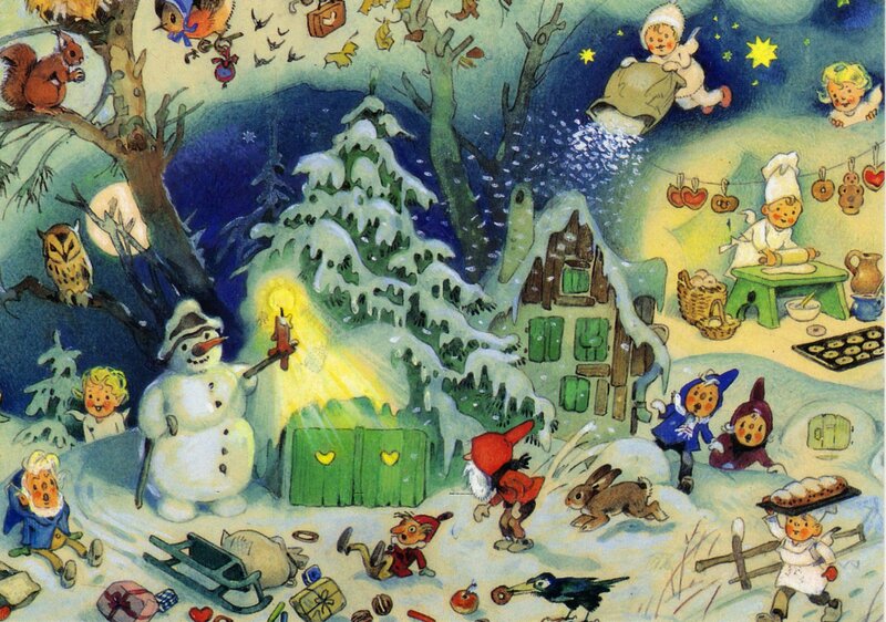 Children in Winter Scene — Green