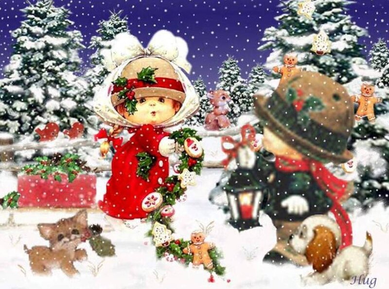 Children in Winter Scene — Red