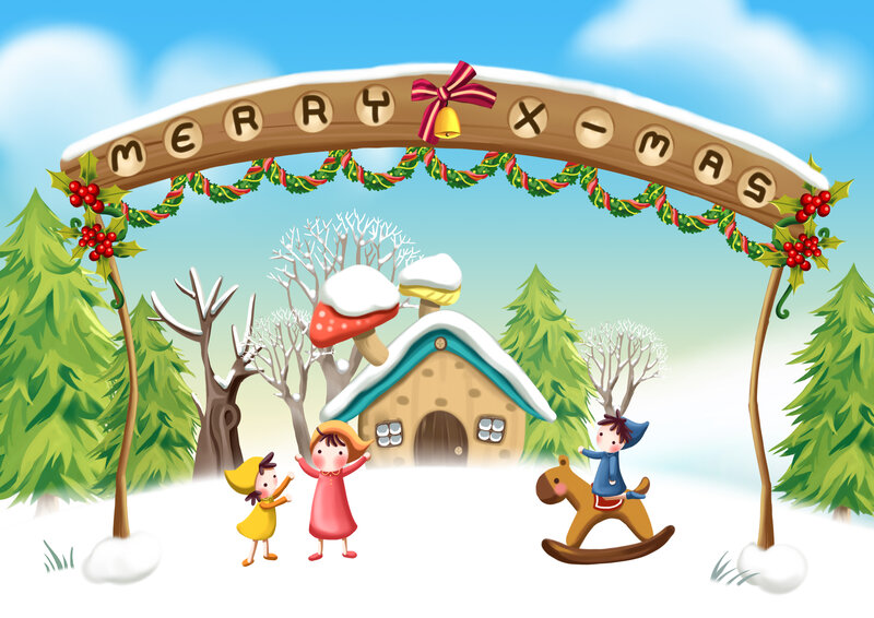 Children in Winter Scene — White, Festive