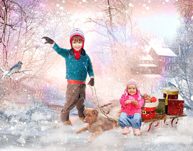 Children in Winter Scene — White