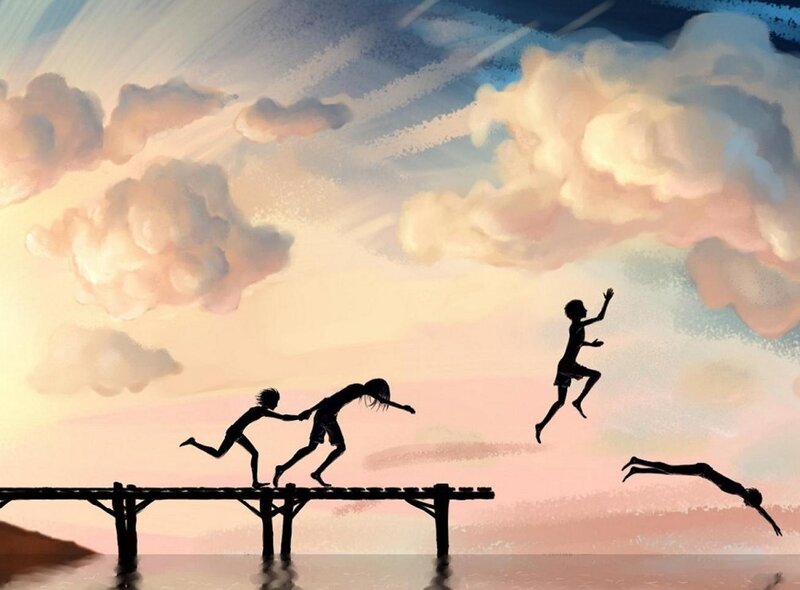 Children Jumping from Pier