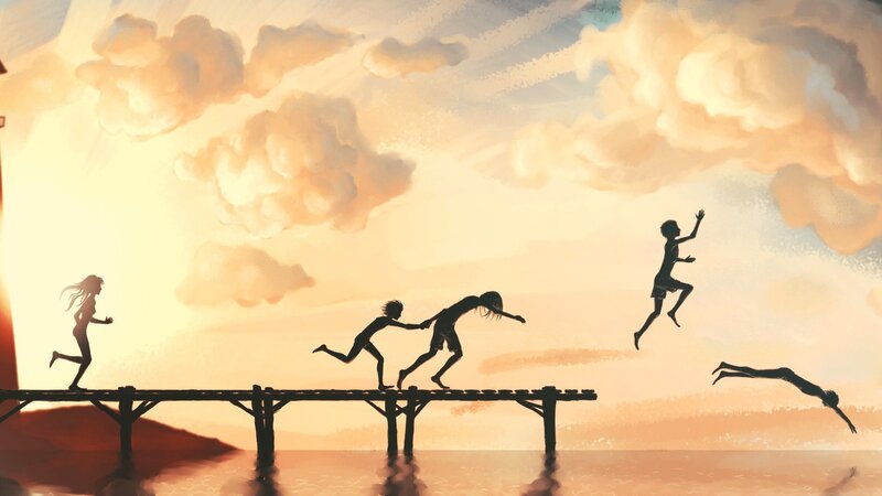 Children Jumping into Water — Orange