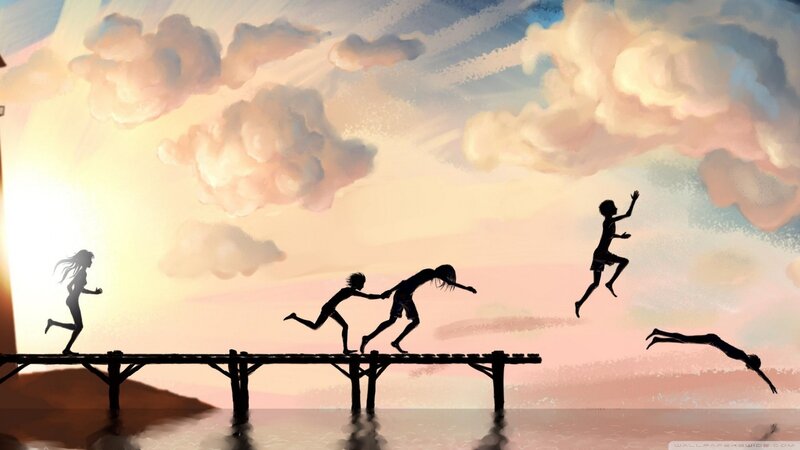 Children jumping off a pier