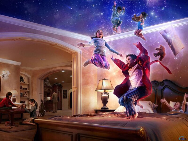 Children jumping on bed