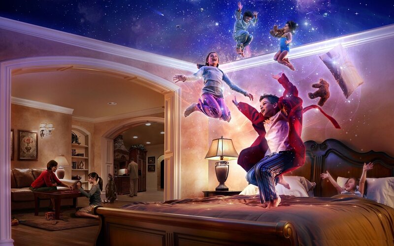 Children Jumping on Bed — Purple, Dreamy, Night, Digital Art, Pillows, Starry Sky