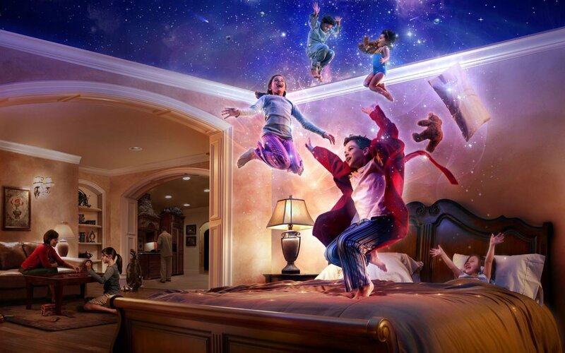 Children Jumping on Bed — Purple, Dreamy, Night, Digital Art, Pillows, Stuffed Bear