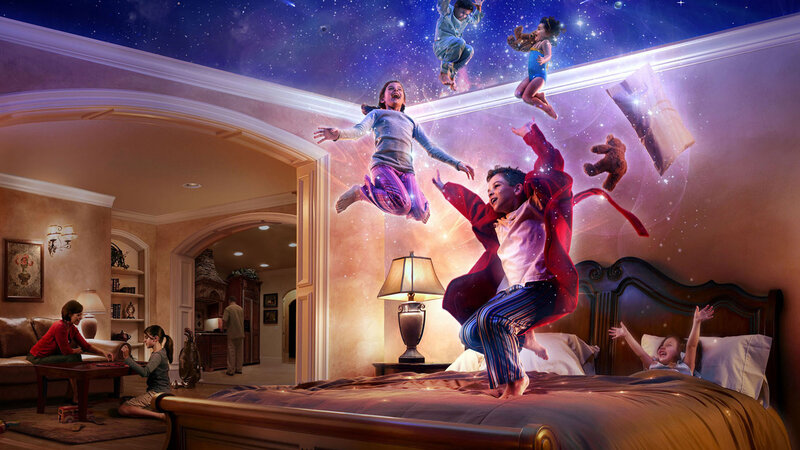 Children Jumping on Bed — Purple, Dreamy