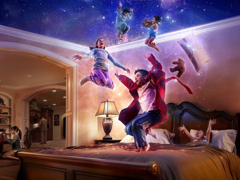 Children Jumping on Bed — Purple, Joyful