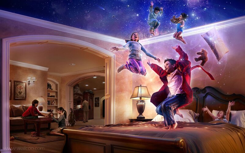 Children Jumping on Bed — Purple