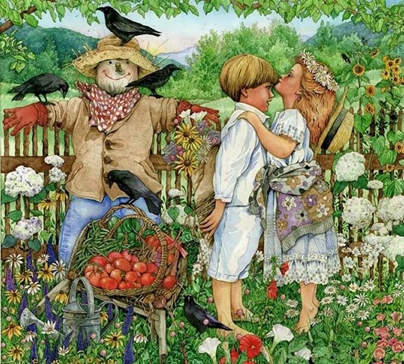 Children Kissing in Garden