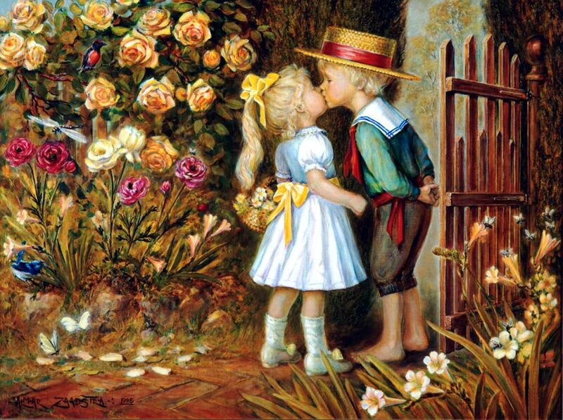 Children Kissing in Garden — Yellow