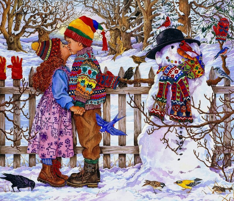 Children Kissing in Snow — White