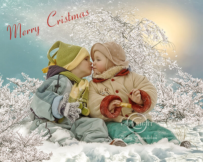 Children kissing in snowy scene