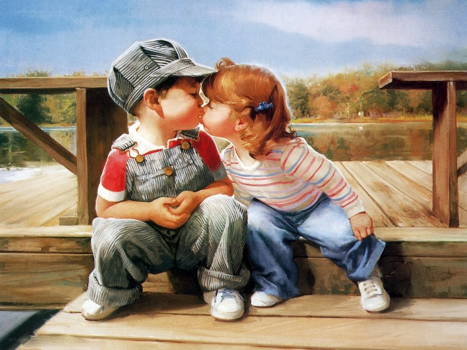 children kissing on a dock