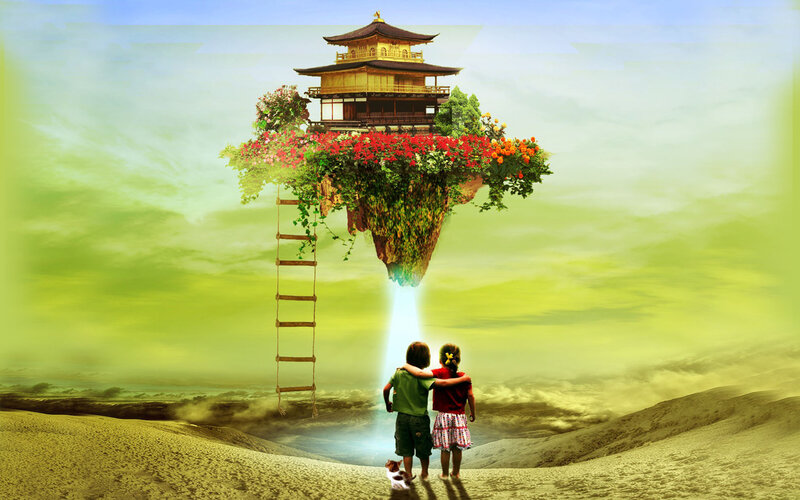 Children Looking at Floating Temple — Green