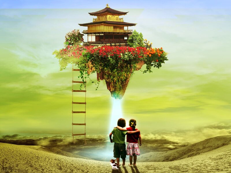 Children Looking at Floating Temple