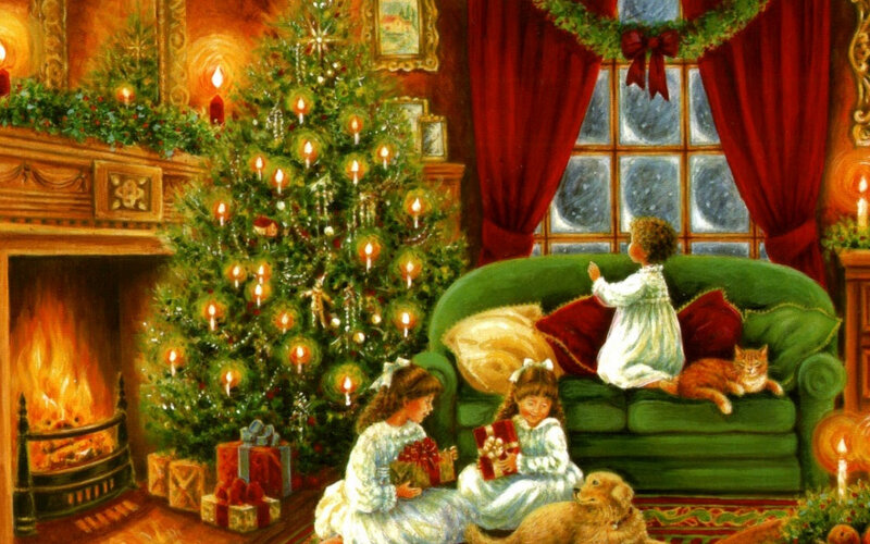 Children Near Christmas Tree — Green, Cozy, Winter