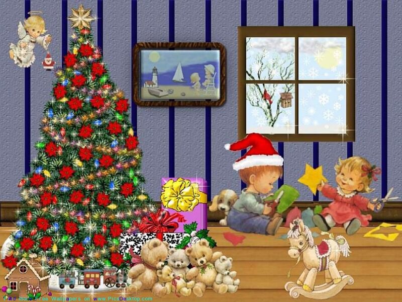 Children Near Christmas Tree — Green