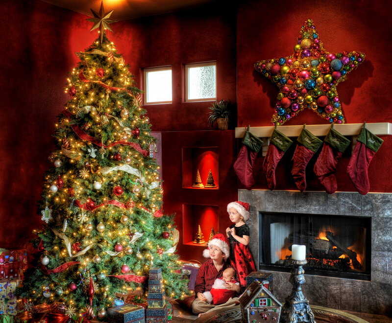 Children Near Christmas Tree — Red, Festive