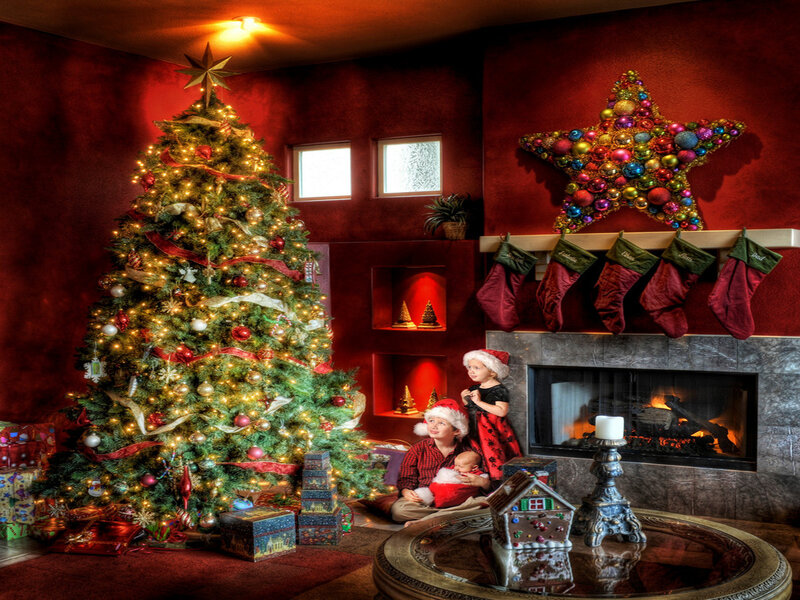 Children Near Christmas Tree — Red