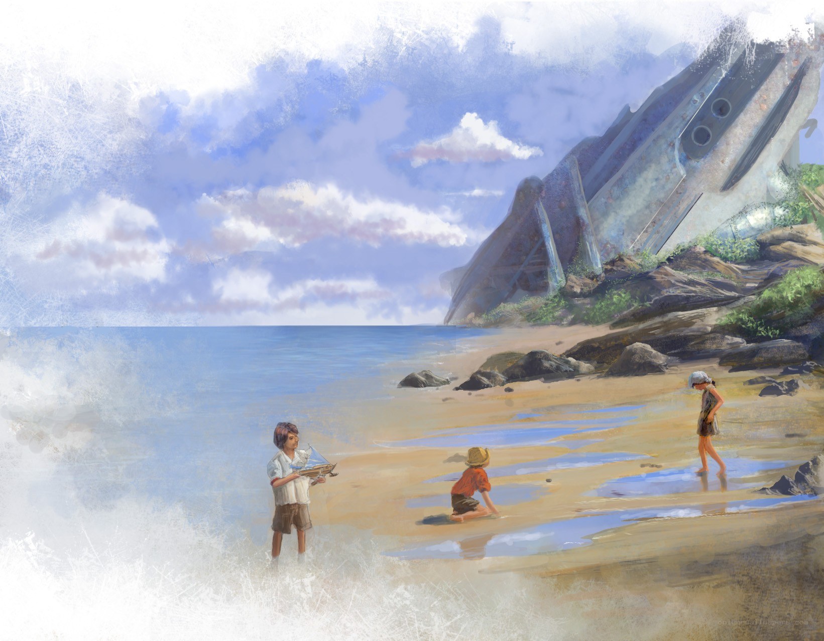 Children on a beach with shipwreck