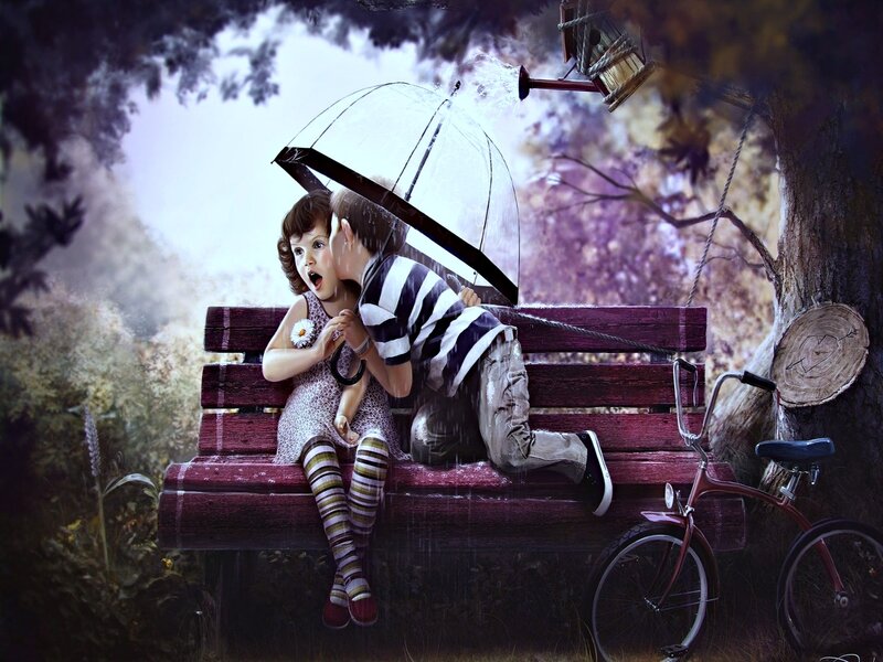 Children on a Bench — Purple, Dramatic, Night