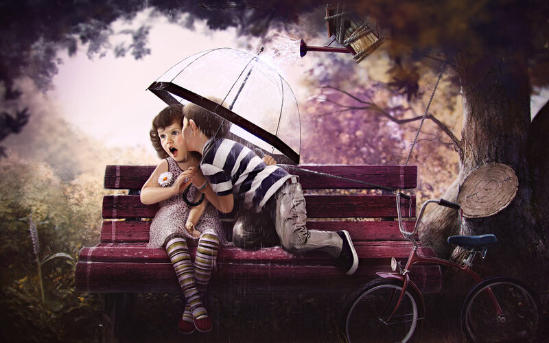 Children on a Bench — Purple, Dreamy, Autumn