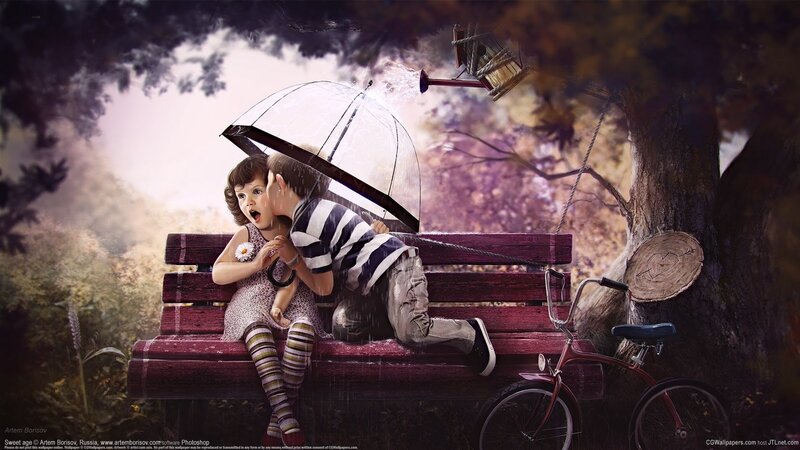 Children on a Bench — Purple, Dreamy