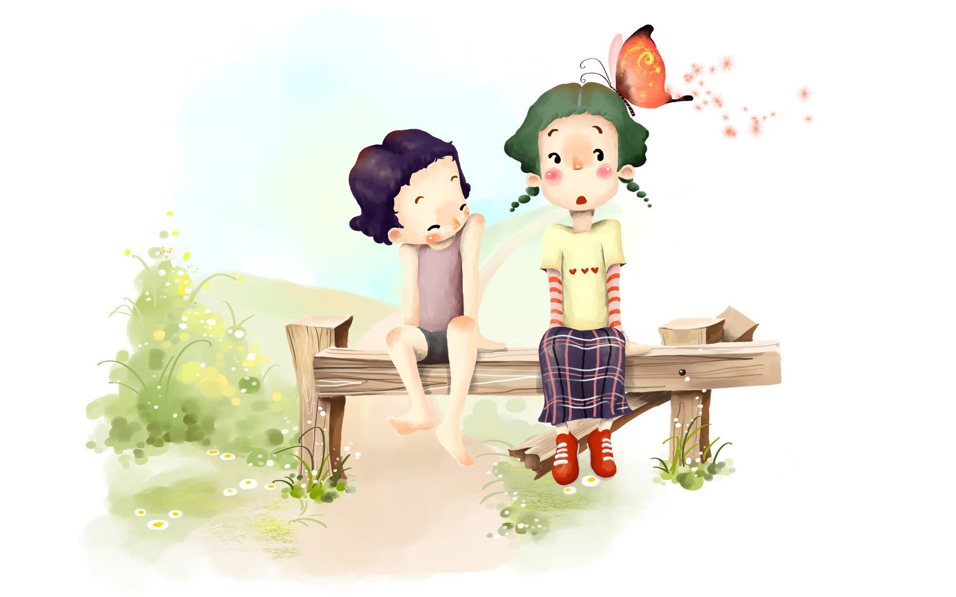 Children on a bench with butterfly