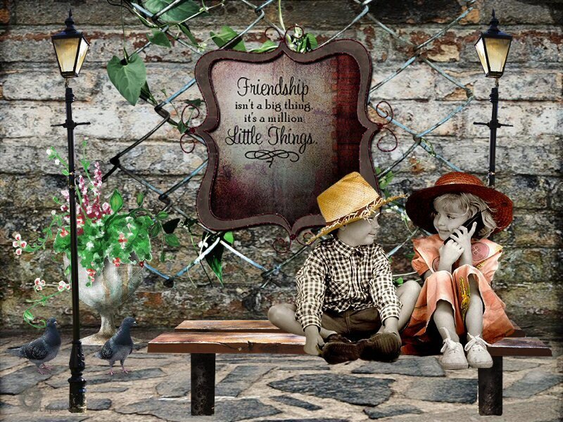 Children on a bench with friendship quote