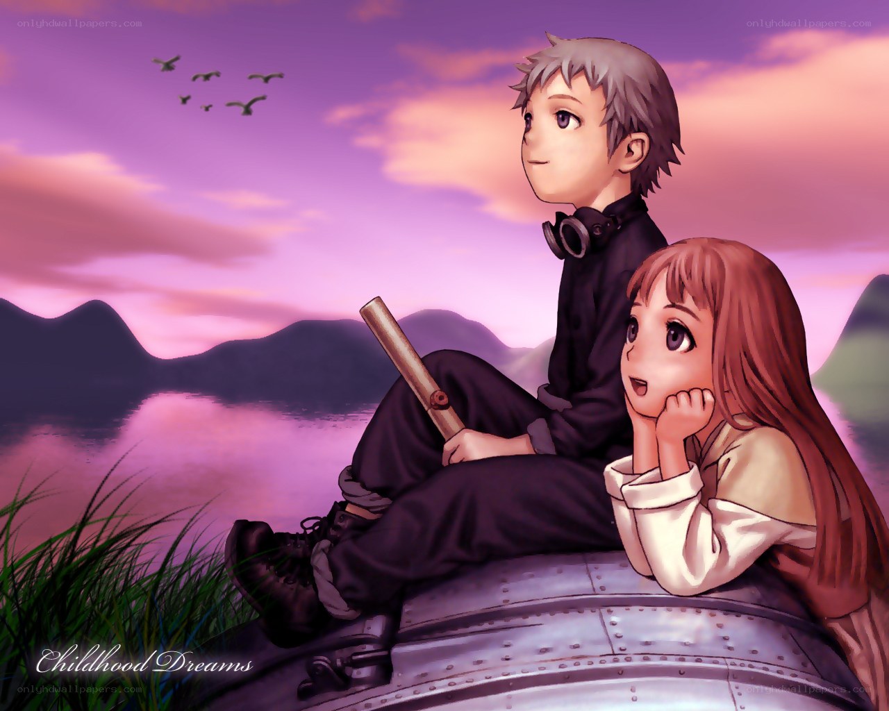 Children on a boat at sunset