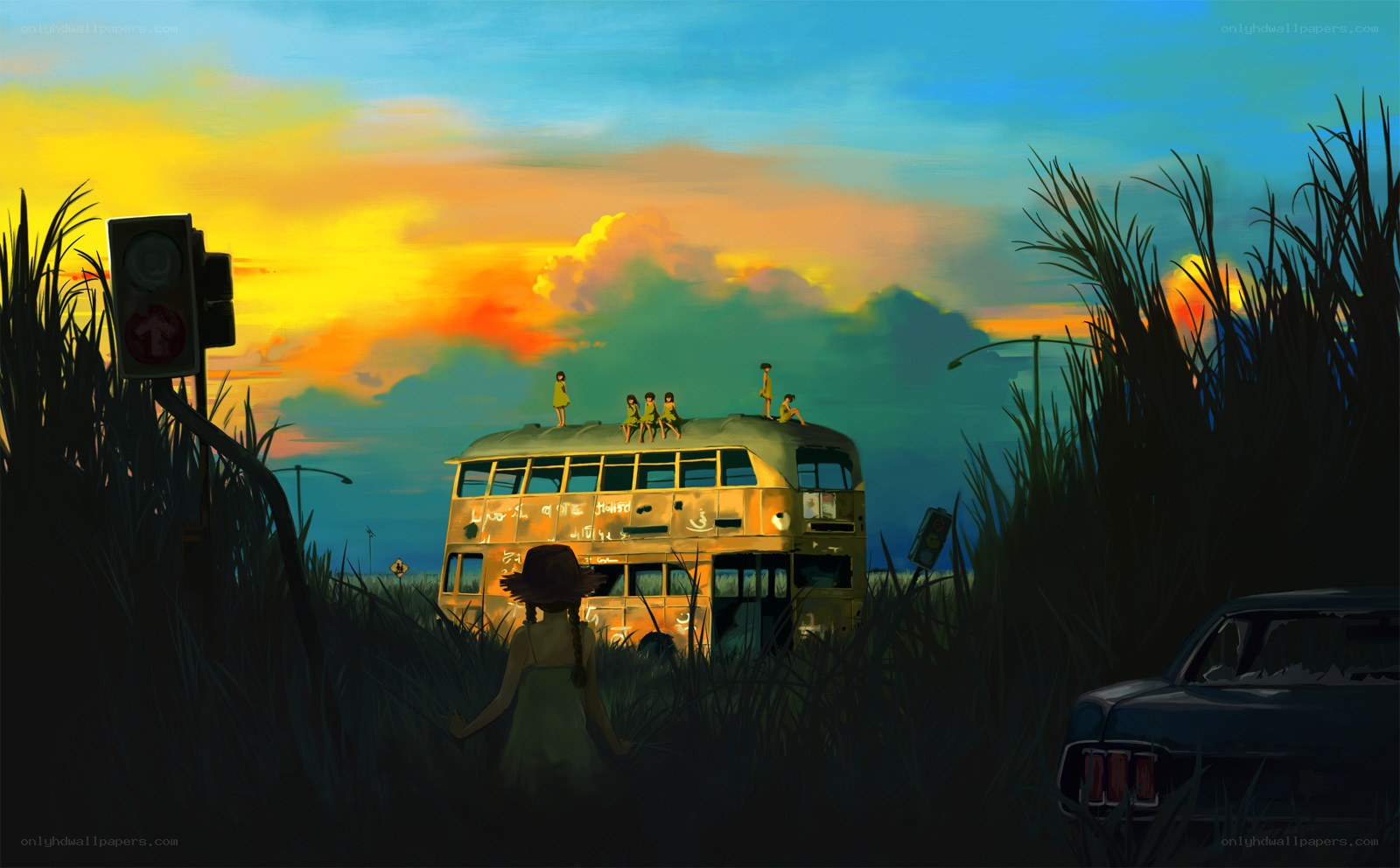 Children on a bus at sunset