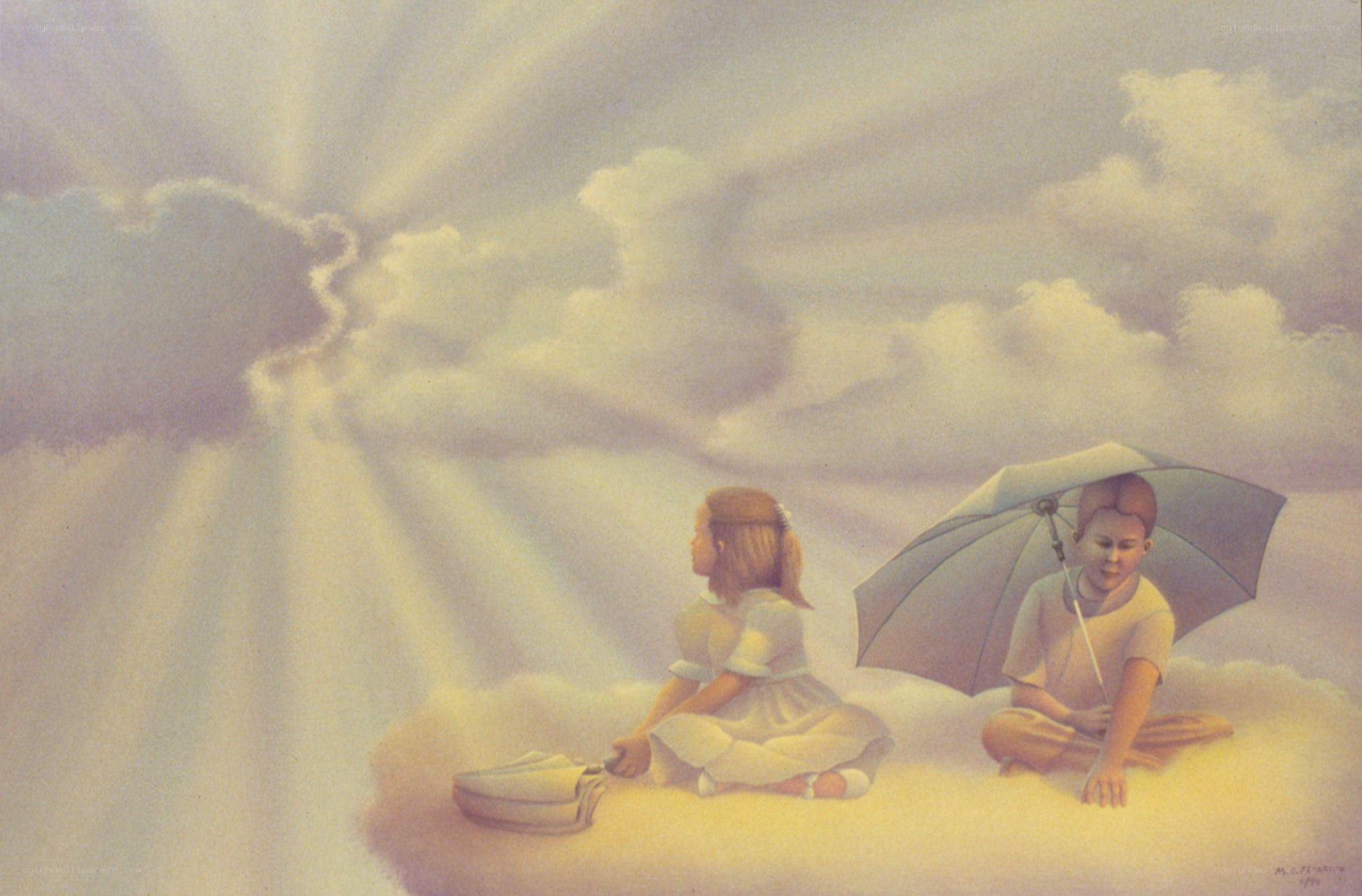 Children on a cloud with an umbrella