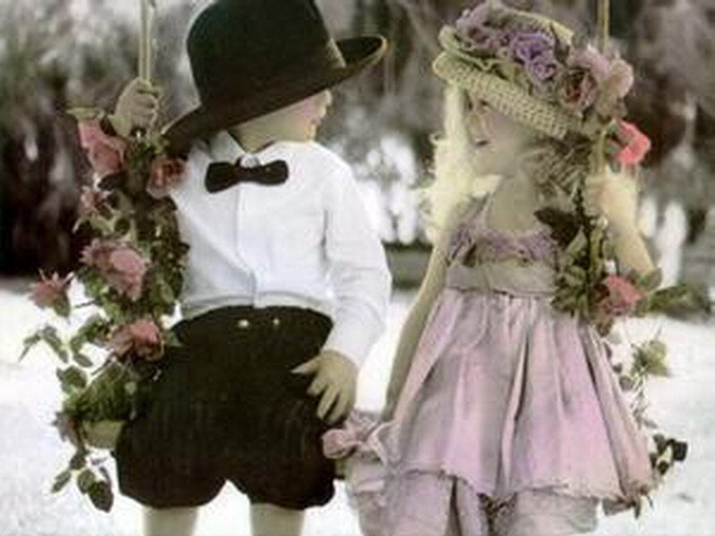 Children on a floral swing
