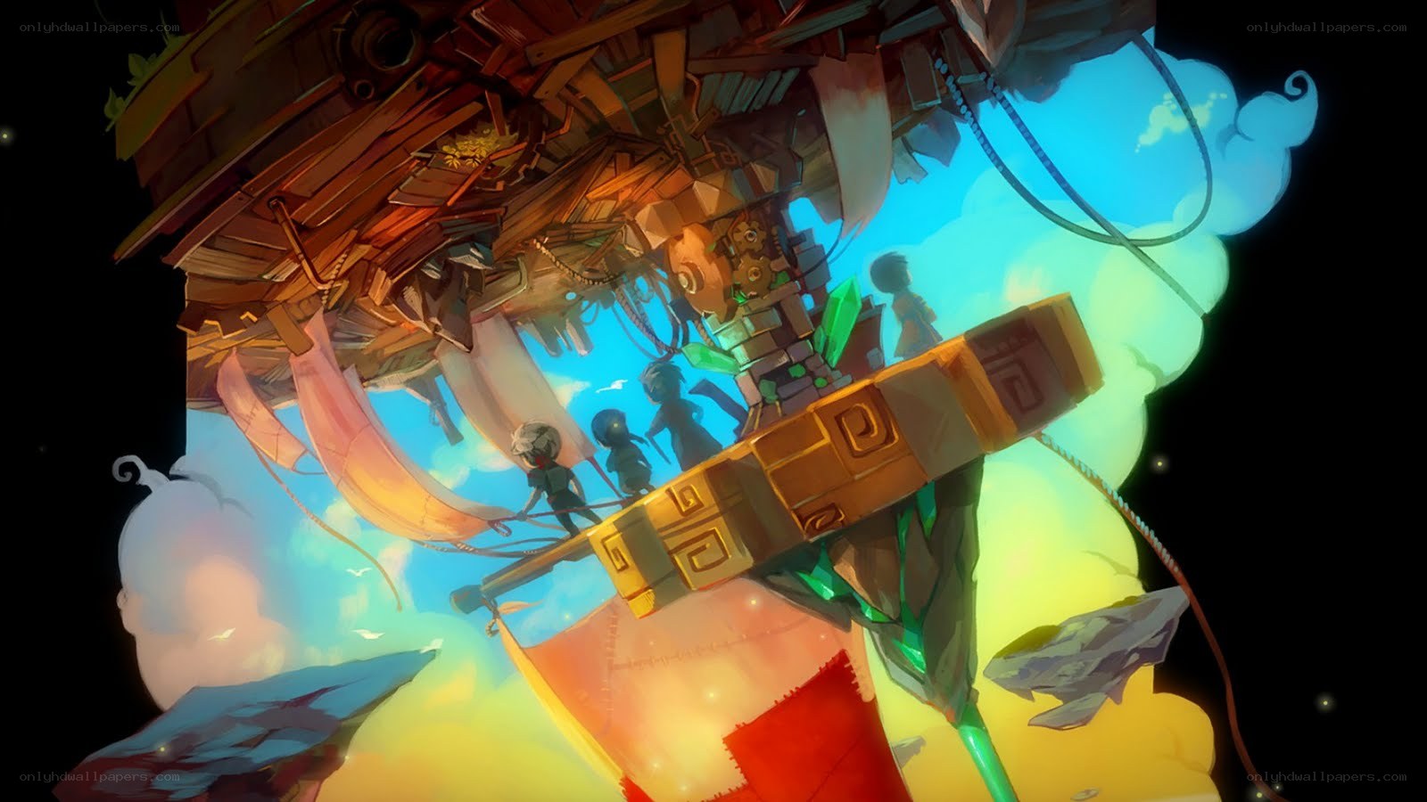 children on a flying ship