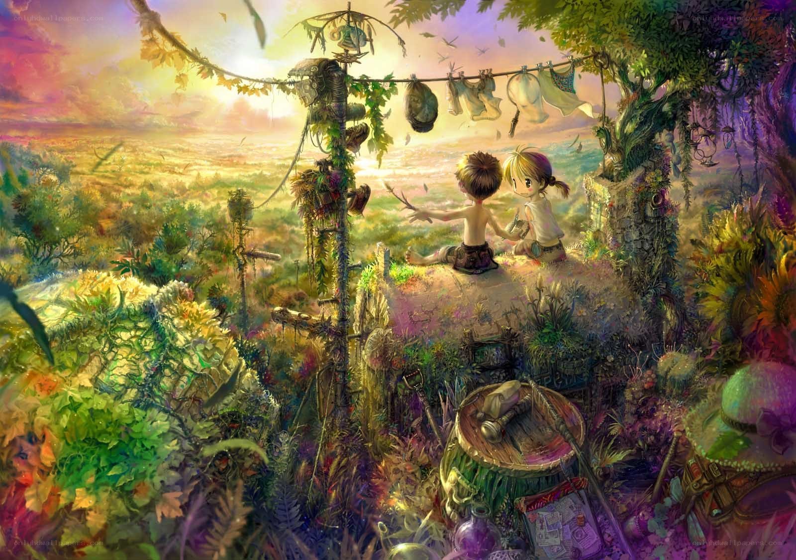 Children on a hilltop at sunset