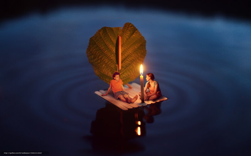 Children on a leaf raft