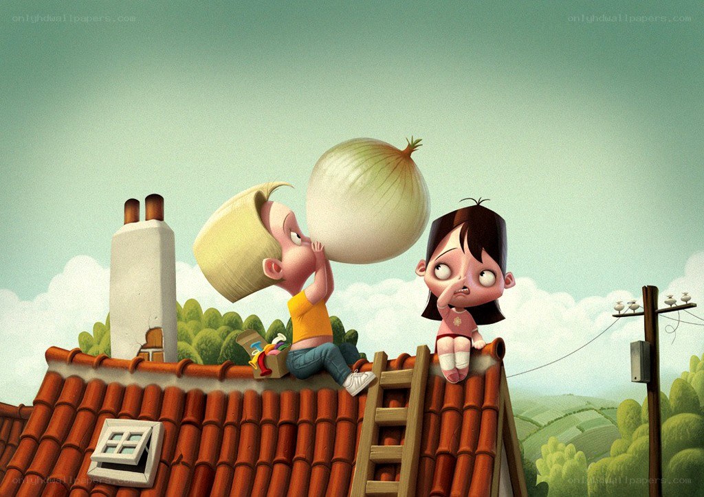 Children on a rooftop with an onion