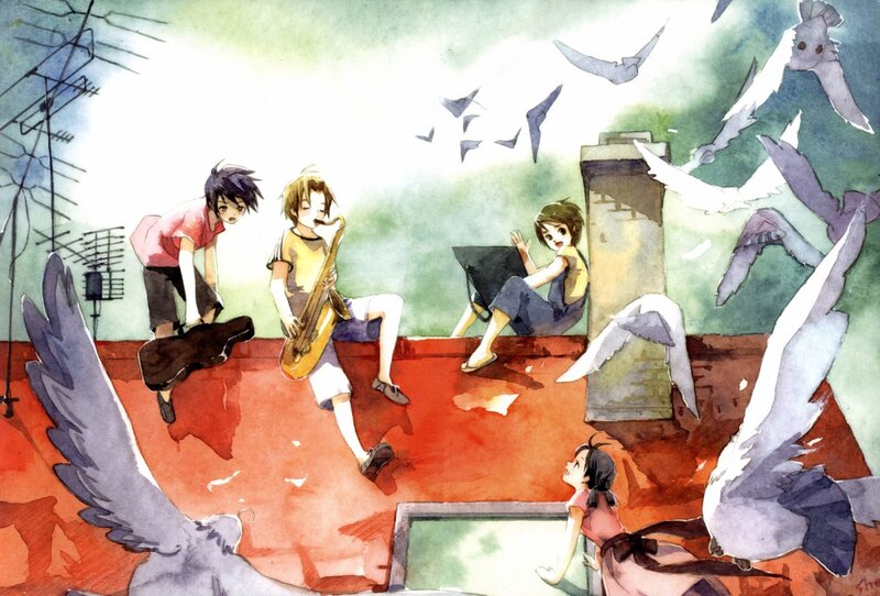 Children on a rooftop with birds