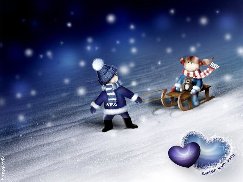 Children on a Sled — Blue, Peaceful