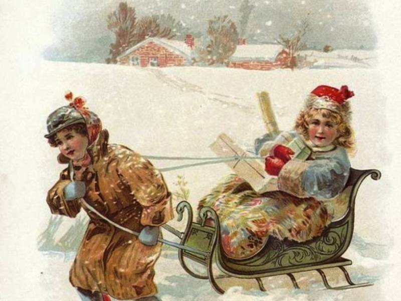 Children on a Sled — White, Festive