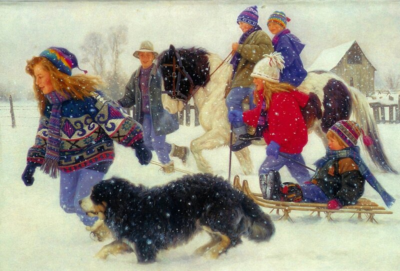 Children on a Sled — White, Festive, Winter