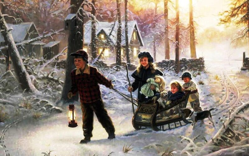 Children on a Sled — White, Peaceful