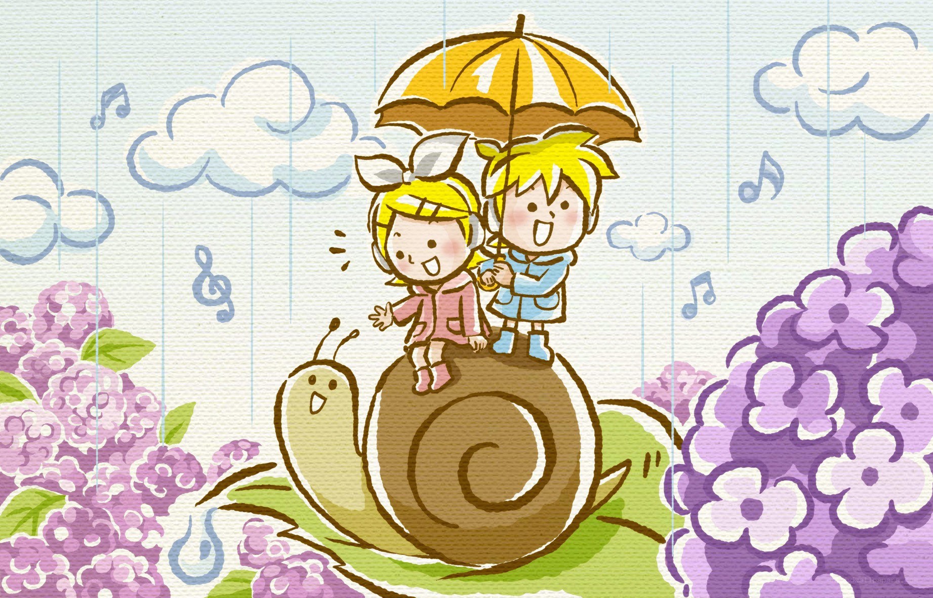 Children on a snail in the rain