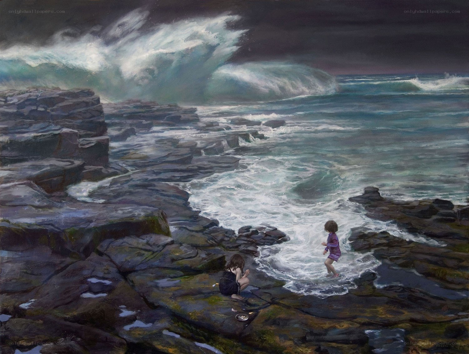 Children on a stormy shore